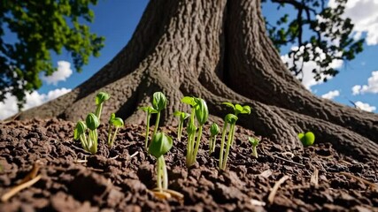 Poster - Sprouting soil tree nature growth green sunlight hope and young plants thrive under ancient tree with peaceful outdoor life