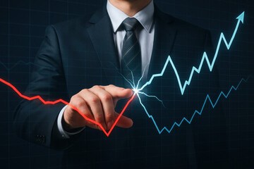 Poster - A businessman strategically navigates volatile economic trends by making vital decisions that drive growth and innovation in competitive markets