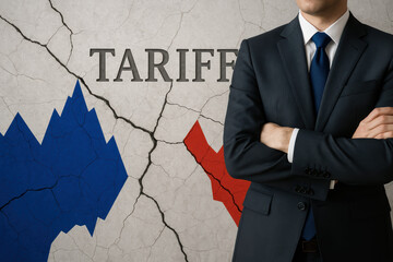 Poster - Strategic business decisions drive growth and efficiency amid tariff tensions symbolized by fractured markets and opposing stock trends