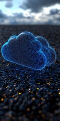 Fototapete - Futuristic Digital Cloud with Glowing Particles on Dark Surface