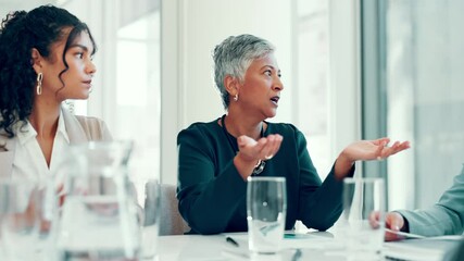 Poster - Finance, manager and business women planning in meeting for teamwork, collaboration or investment. People, explain and mature financial advisors talking for project, budget growth and risk management