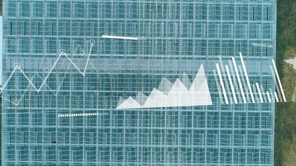 Poster - Flat design area and bar charts animating over glass facade, showing numeric data and world map