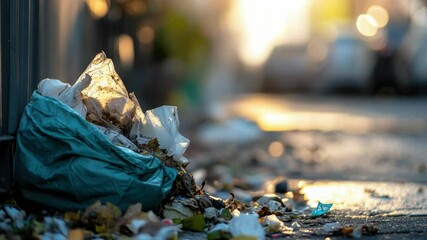 Poster - A discarded trash bag sits next to a road, waiting for collection