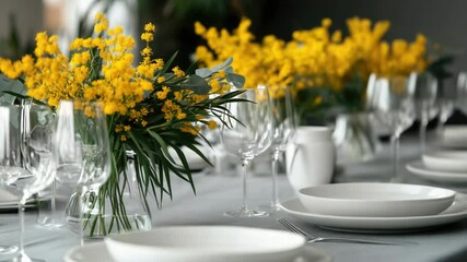 Aufkleber - A still life arrangement of yellow flowers and empty wine glasses on a table