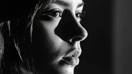 Poster - A close-up shot of a woman with her eyes closed, in black and white