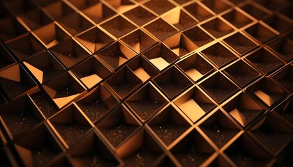 Aufkleber - A close up shot of a golden geometric pattern with square shapes and dark interiors creating depth effect
