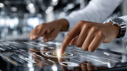 Fototapete - A person is pointing at a screen with a watch on their wrist