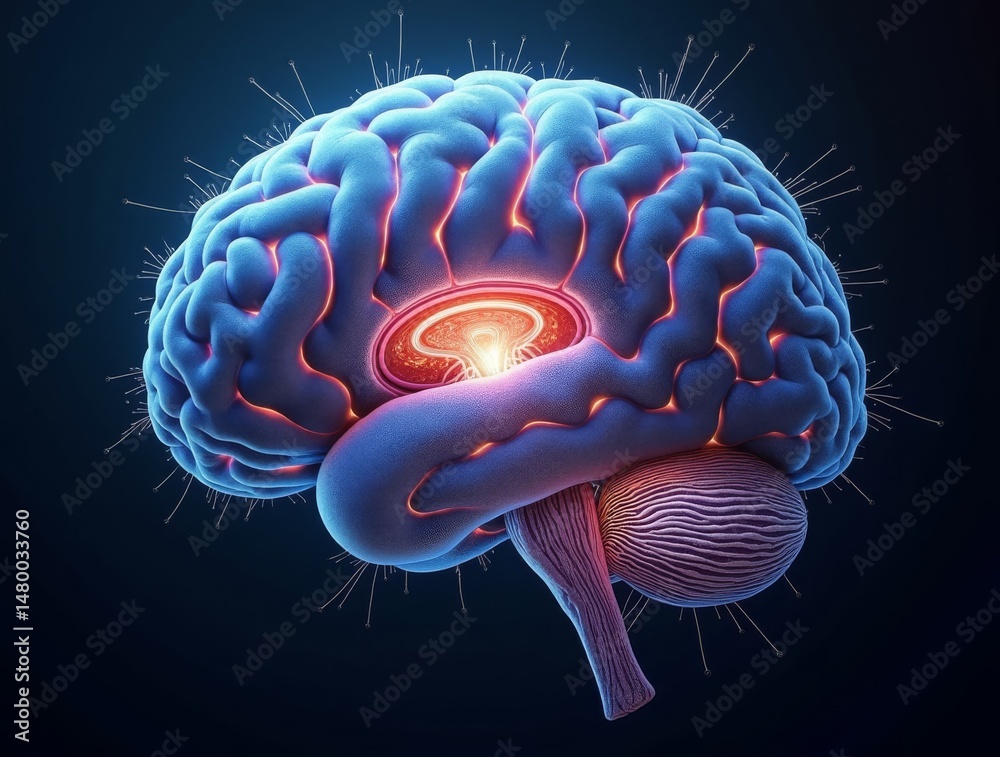 Cross-section of the human brain, highly detailed neural connections ...