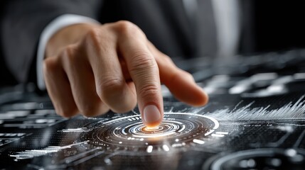 Leinwandbilder - A man is pointing at a screen with a finger