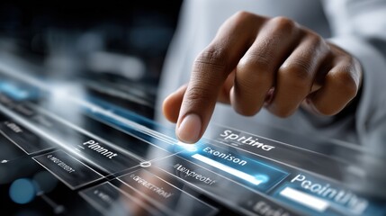 Fototapete - A person is pointing at a screen with the words 
