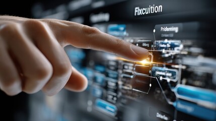 Fototapete - A person is pointing at a screen with the word 