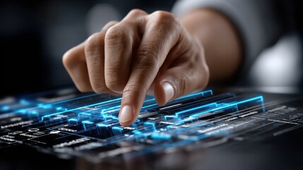 Fototapete - A hand is pointing at a screen with a blue and white design