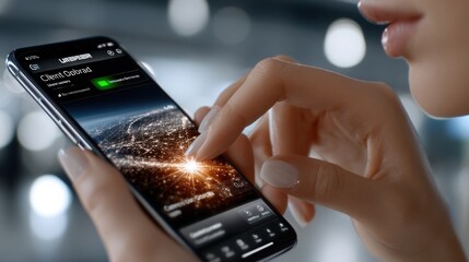 Fototapete - A woman is using her phone to scroll through a map