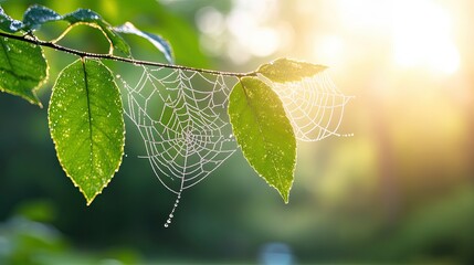 Leaves with cobwebs in the morning sun. 