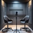 © EchoFrame - Podcast studio interior with chairs and microphone ready for recording session, soundproofed room, medium shot, neutral colors