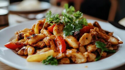 Poster - A simple meal on a white plate with various vegetables and meat