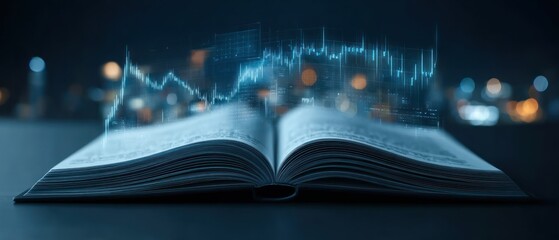 Poster - Open book with financial data overlay on a night cityscape
