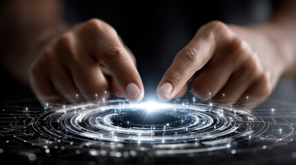 Leinwandbilder - A hand is touching a glowing circle on a screen