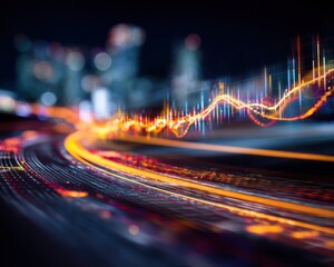 Poster - abstract city street at night with light trails and data visualization