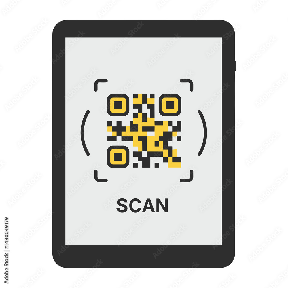 Qr Code Maker Computer Tablet QR code displayed on tablet screen with scan instruction Stock ...