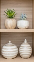 Poster - Shelf with Plants and Vases Interior Decor Still Life Close Up in Studio Setting Neutral Colors