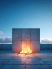 Poster - Abstract Fire Burning Against Concrete Wall Under Blue Sky on Rooftop Level Perspective