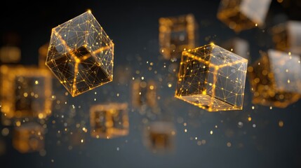 Fototapete - Floating Golden Wireframe Cubes Representing Blockchain Technology and Data Connectivity in a Modern Digital World