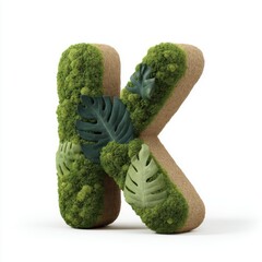 Poster - Letter K moss and leaf decor on white background studio shot close up nature alphabet eco friendly design
