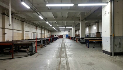 Poster - Empty Industrial Warehouse with Shelving Units and Concrete Floor