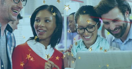 Aufkleber - tech team gathering around laptop in office, overlaying floating code lines and gold stars
