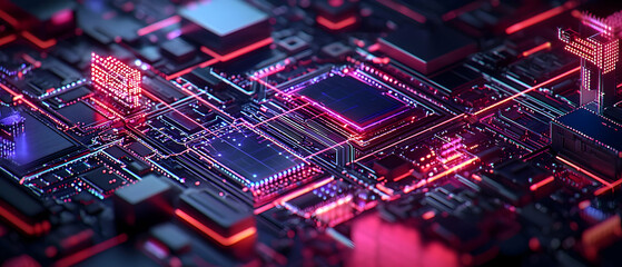 Poster - Abstract Futuristic Circuit Board Design With Red And Pink Glowing Lights