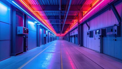Poster - Futuristic Industrial Hallway with Neon Lights in Blue and Pink