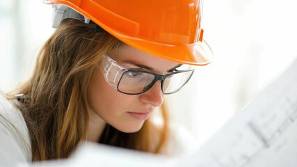 Poster - A woman wearing a hard hat and glasses on a construction site