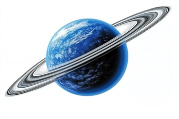 Wall Mural - blue planet with saturn-like rings against white background.