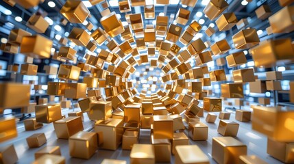 Poster - Abstract digital tunnel with swirling gold and silver cubes creating a dynamic futuristic visual scene