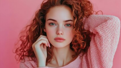 Aufkleber - A woman with bright red hair and a pink sweater posing for the camera