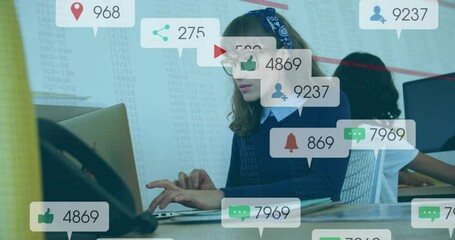 Poster - Female marketer typing in office space, social media icons floating around laptop with data overlay
