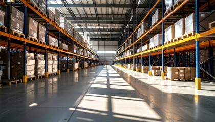 Poster - Bright and Spacious Distribution Warehouse with Stacked Pallets