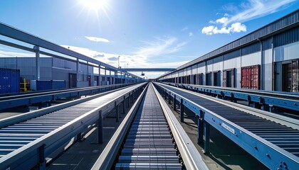 Poster - Industrial Warehouse with Converging Conveyor Systems Under Blue Sky