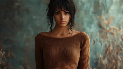 Poster - A young woman wearing a cozy brown sweater, ideal for lifestyle and portrait use