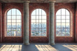 © xadartstudio - Brick room with large arched windows offering a city view