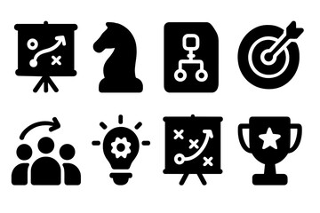 Poster - Several strategic icons representing planning, teamwork, and achievement in business and games
