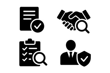 Poster - Icons representing business collaboration, checking tasks, and quality assurance in corporate environments