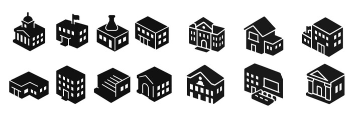 Poster - Collection of diverse building icons representing various architectural styles and structures in simple black and white design