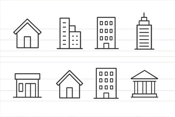 Poster - Different types of buildings illustrated in simple line drawings showing residential and commercial structures