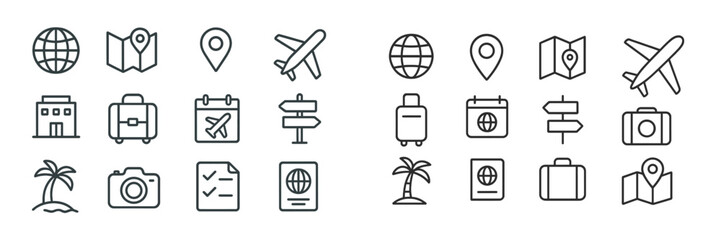Poster - Travel icons set showing globes, maps, airplanes, luggage, and tropical elements for adventure planning