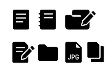 Poster - Set of black icons showcasing writing and organization tools such as notebooks, folders, and document files