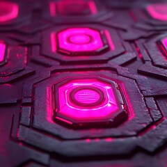 Poster - close-up of a futuristic, patterned surface with glowing, octagonal components