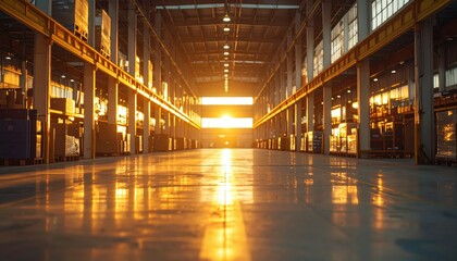 Poster - Sunset Light Illuminates Empty Warehouse Interior with Reflection