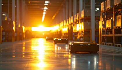 Poster - Automated Robots Moving in Modern Warehouse at Sunset Glow